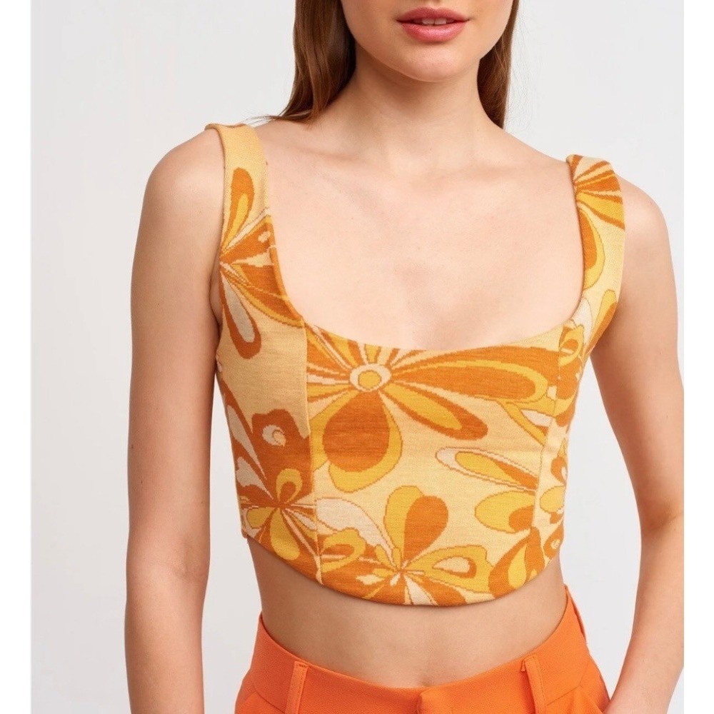 Zara Retro Floral Crop Top 70s Groovy Mod Yellow Orange S - Picture 7 of 7